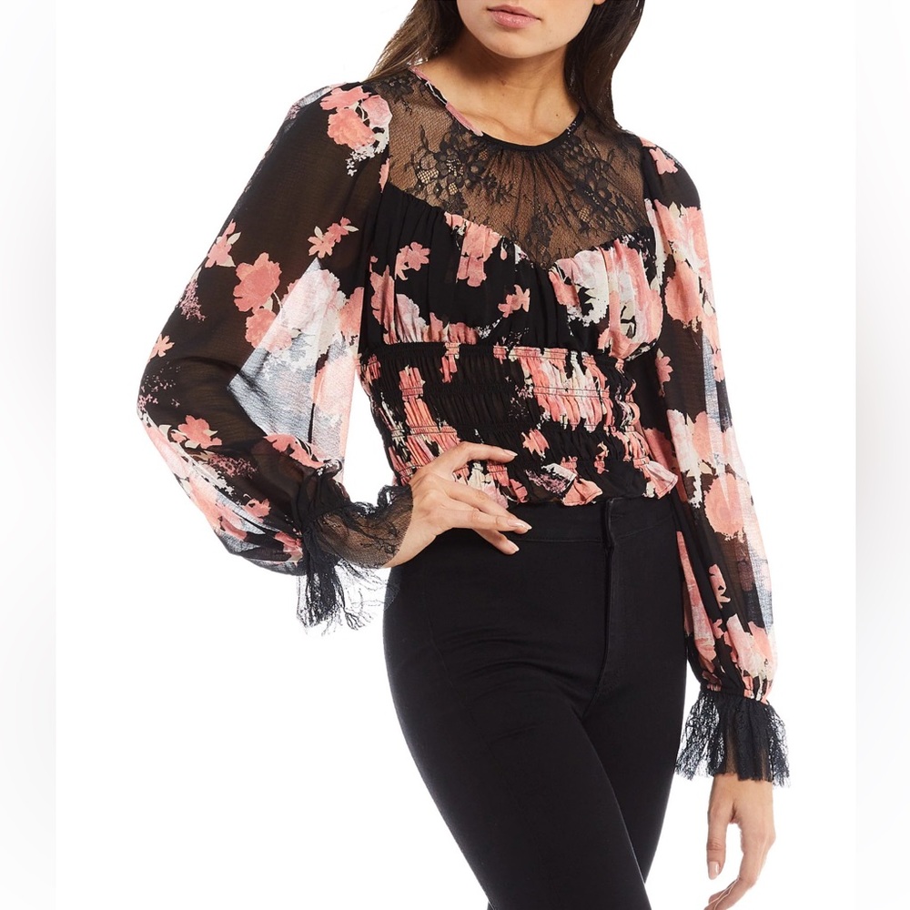 Free People Sz M Daphne Floral Print Lace Sheer Yoke Smocked Hem Crew Ne…